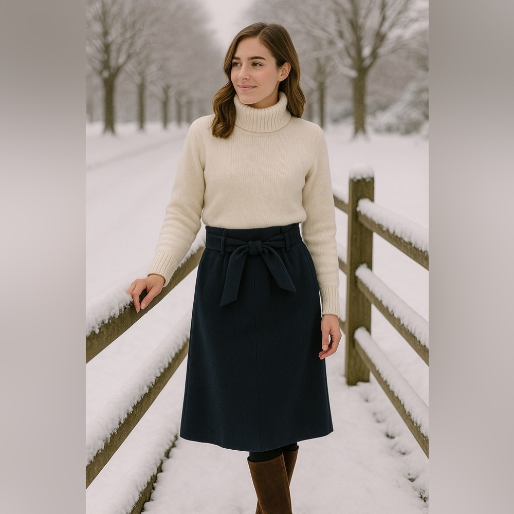 Boden Navy Paper-bag Wool Midi Skirt with Bow Detail Classic Preppy Academia 10